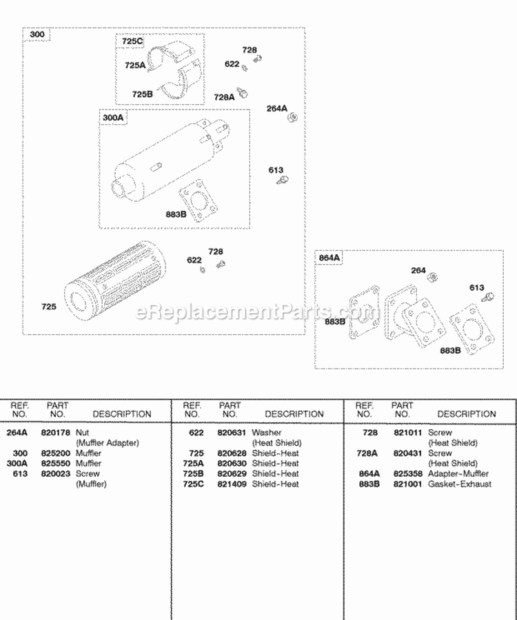 Muffler Muffler Adapter Diagram and Parts List for 588447-0223-E2  Briggs and Stratton Engine